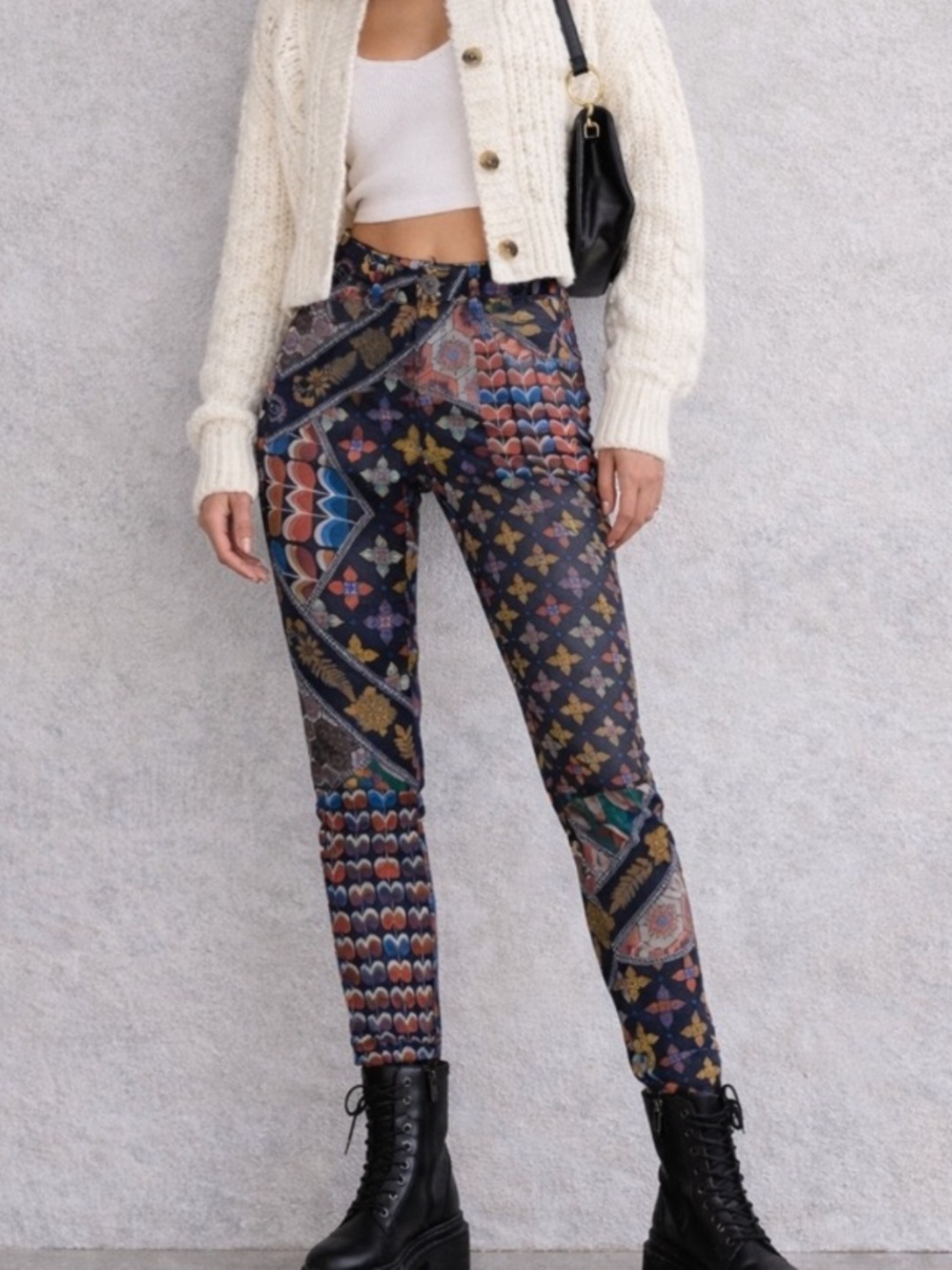 Desigual Patchwork Print Skinny Jeans Boho Artistic Statement Pants